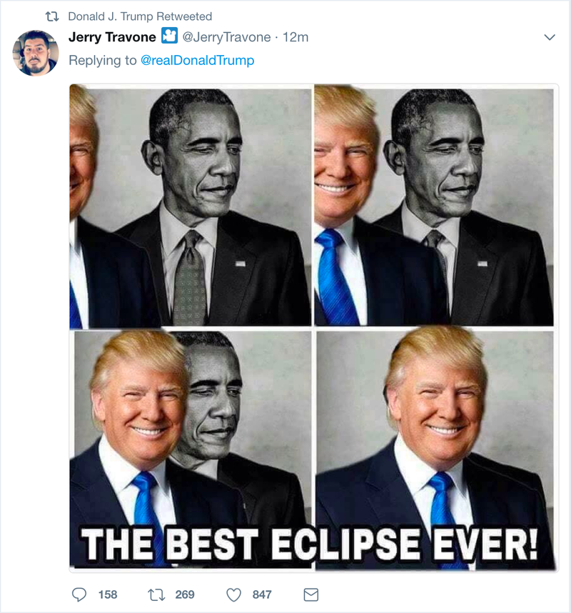 Illustration for article titled Trump Throws a Meme of Himself Eclipsing Obama Into His Unhinged, Typo-Filled Morning Tweetstorm